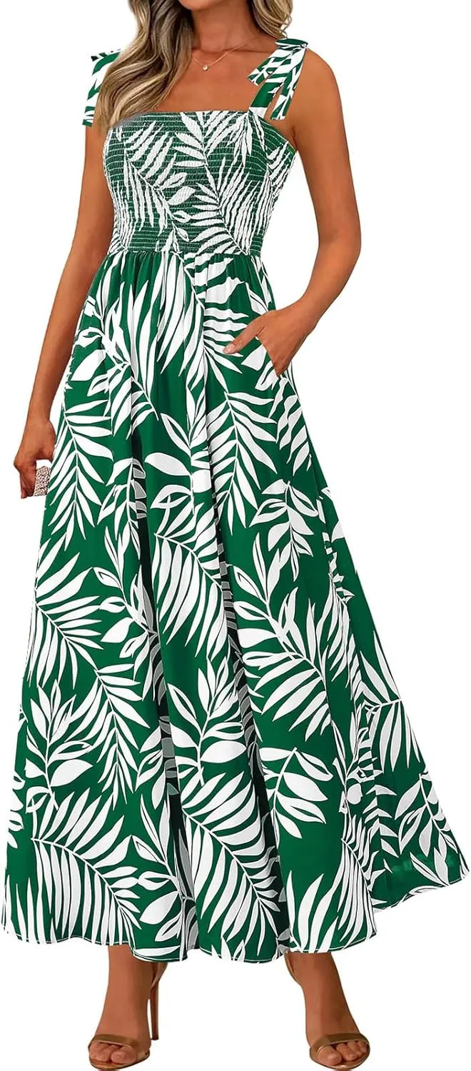 Womens Dresses Sexy Boho Spaghetti Strap Maxi Dress Summer Floral Long Dress Square Neck Strapped Swing A Line Sundress