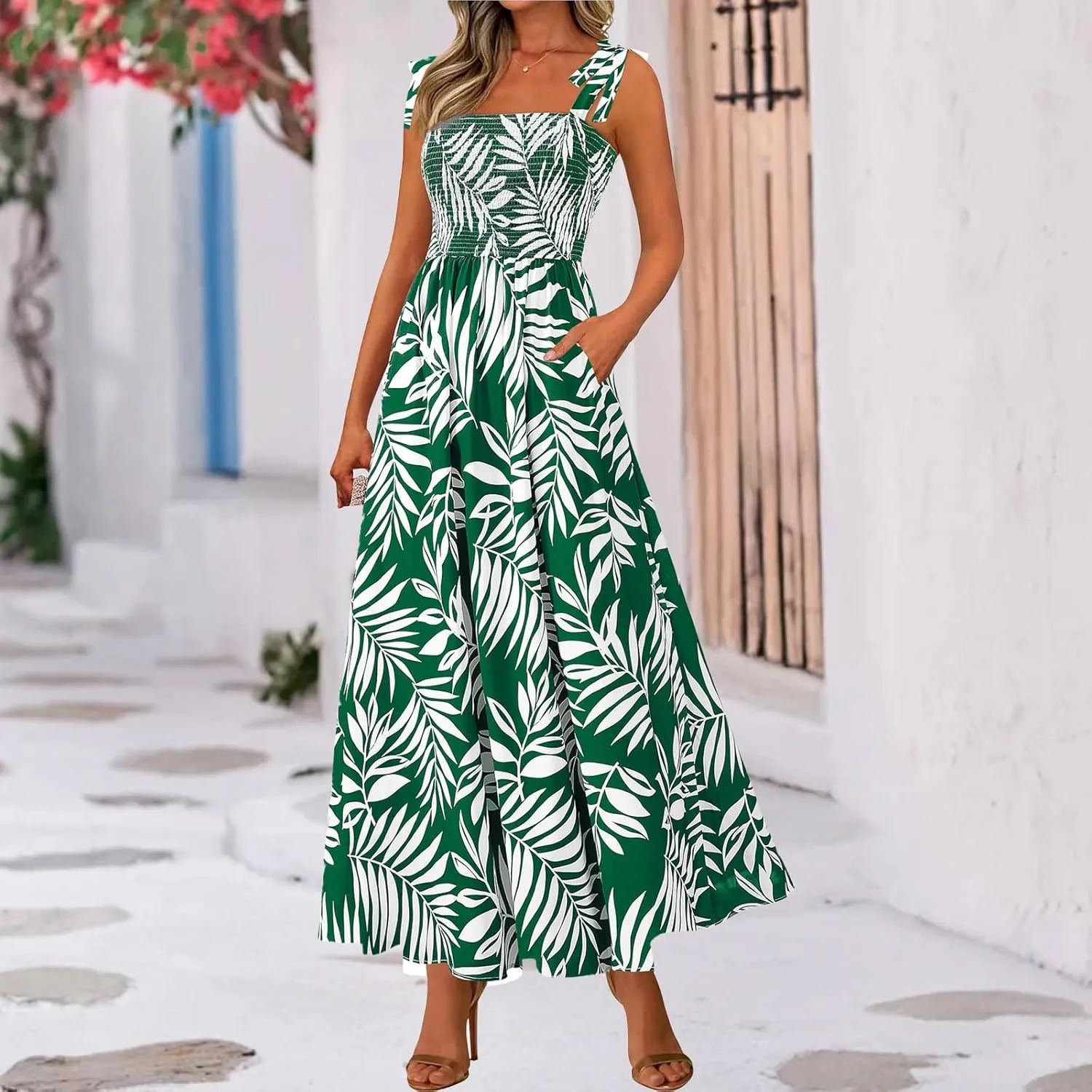 Womens Dresses Sexy Boho Spaghetti Strap Maxi Dress Summer Floral Long Dress Square Neck Strapped Swing A Line Sundress