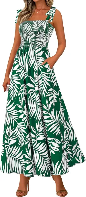 Womens Dresses Sexy Boho Spaghetti Strap Maxi Dress Summer Floral Long Dress Square Neck Strapped Swing A Line Sundress