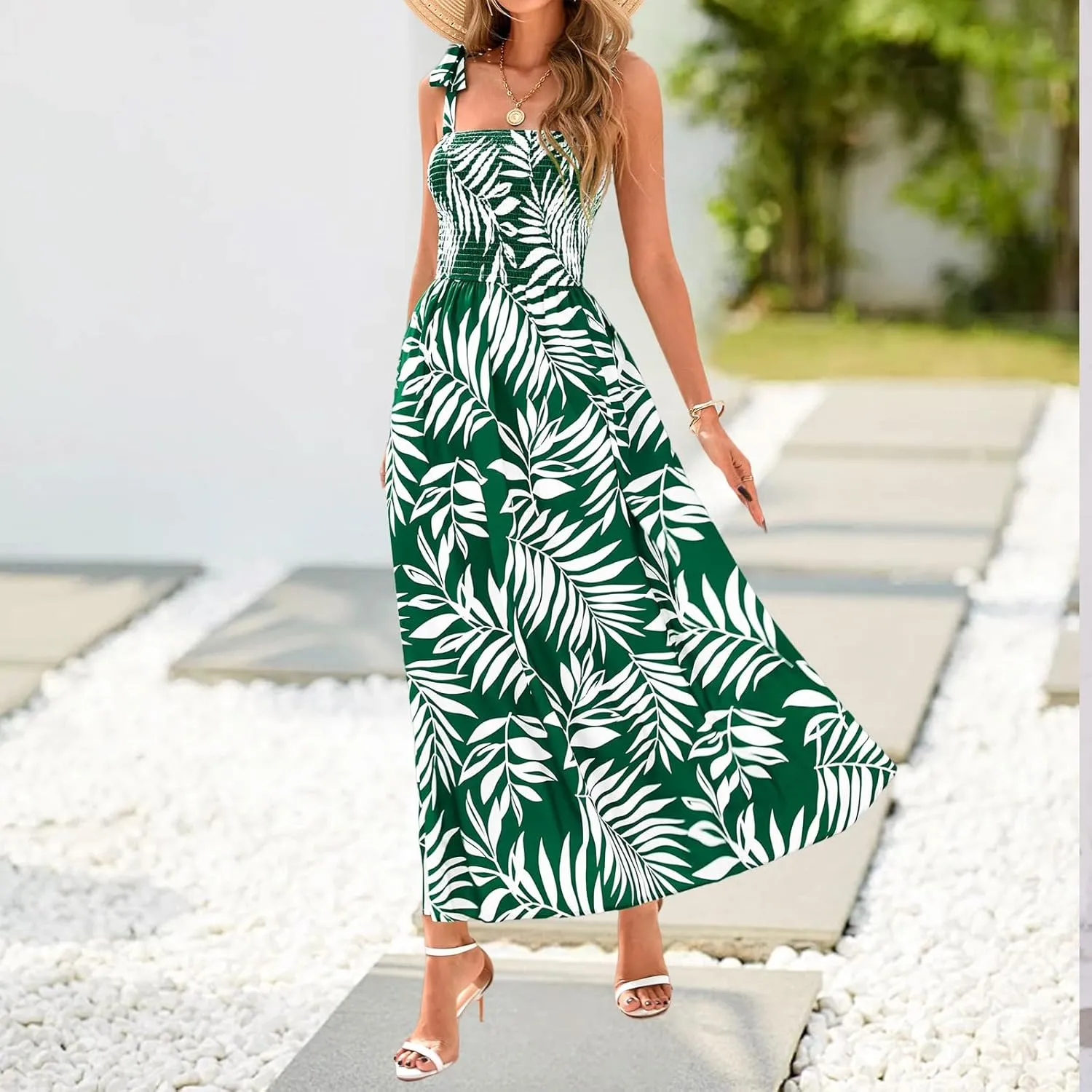 Womens Dresses Sexy Boho Spaghetti Strap Maxi Dress Summer Floral Long Dress Square Neck Strapped Swing A Line Sundress