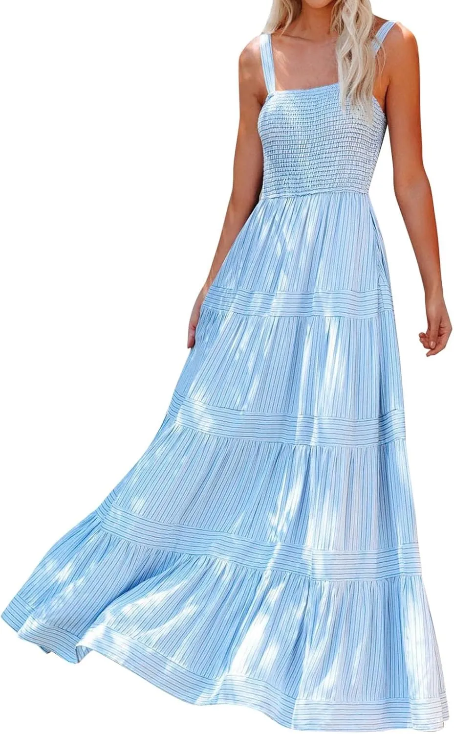 Womens Dresses Sleeveless Smocked Maxi Dress Spaghetti Straps Boho Flowy Dresses Backless Casual Tiered A Line Sundress