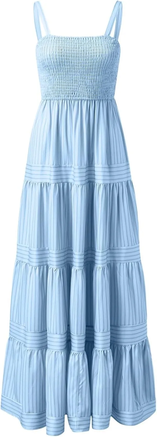 Womens Dresses Sleeveless Smocked Maxi Dress Spaghetti Straps Boho Flowy Dresses Backless Casual Tiered A Line Sundress