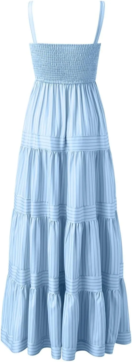 Womens Dresses Sleeveless Smocked Maxi Dress Spaghetti Straps Boho Flowy Dresses Backless Casual Tiered A Line Sundress