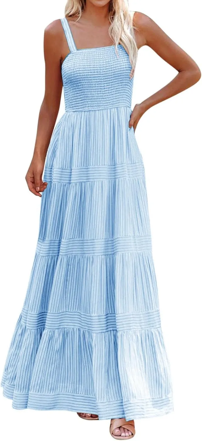 Womens Dresses Sleeveless Smocked Maxi Dress Spaghetti Straps Boho Flowy Dresses Backless Casual Tiered A Line Sundress