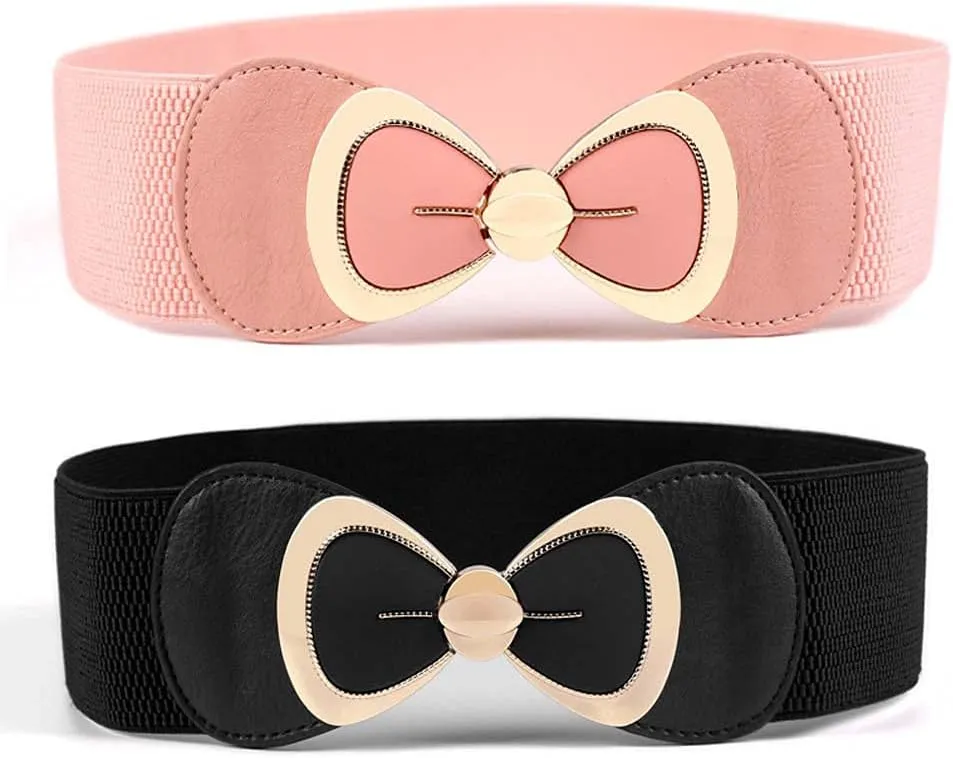 Women's Elegant PU Bowknot Elastic Stretch Wide Belt Dress Decorative Waist belts Casual All-match Waistband for Ladies