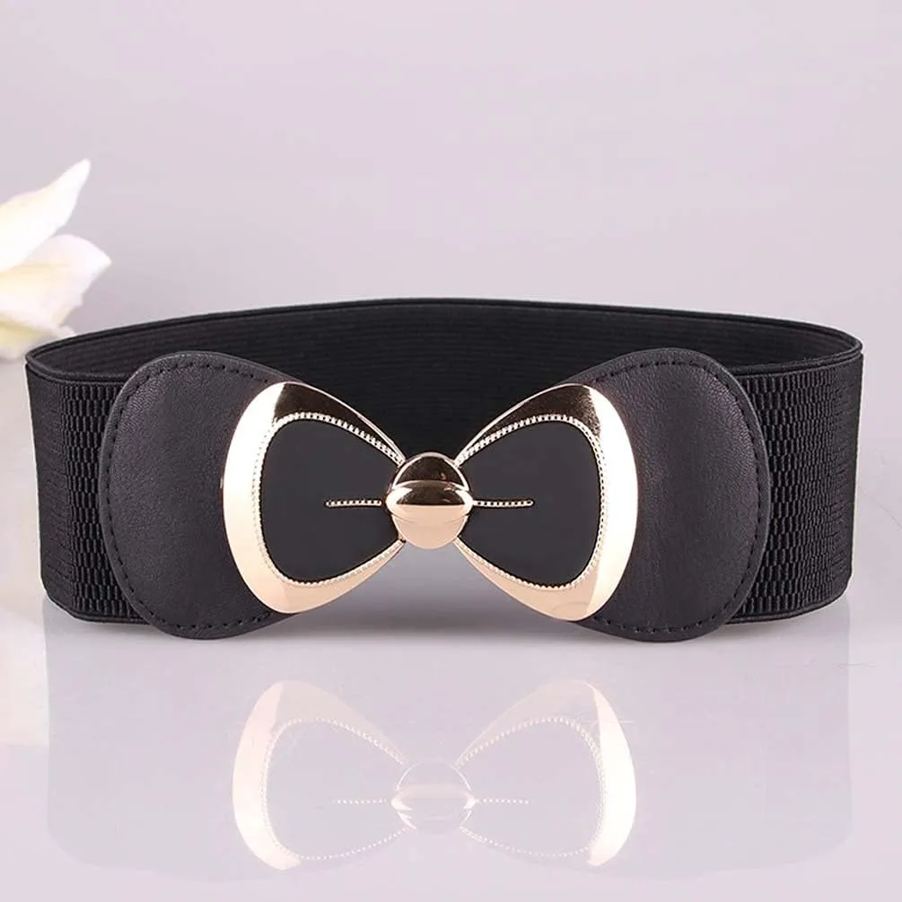 Women's Elegant PU Bowknot Elastic Stretch Wide Belt Dress Decorative Waist belts Casual All-match Waistband for Ladies