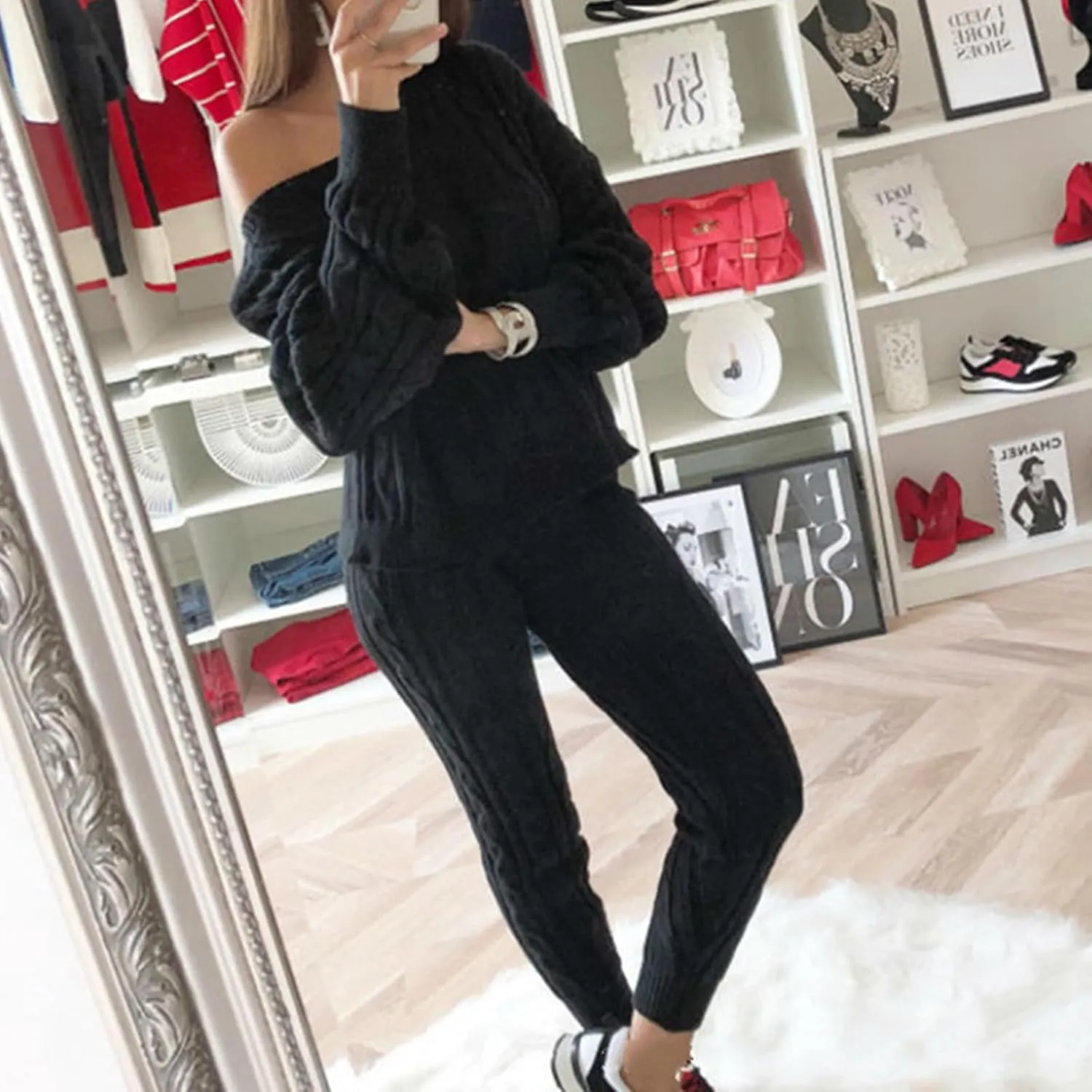 Womens Fall Cable Knit Set Plus Size Crew Neck Pullover Sweater Top & Long Pants 2 Piece Outfits Tracksuit Loungewear
