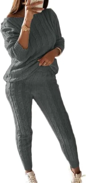Womens Fall Cable Knit Set Plus Size Crew Neck Pullover Sweater Top & Long Pants 2 Piece Outfits Tracksuit Loungewear