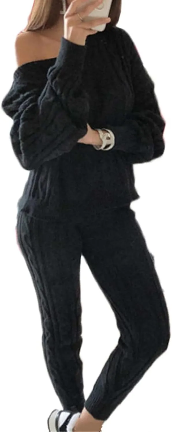 Womens Fall Cable Knit Set Plus Size Crew Neck Pullover Sweater Top & Long Pants 2 Piece Outfits Tracksuit Loungewear