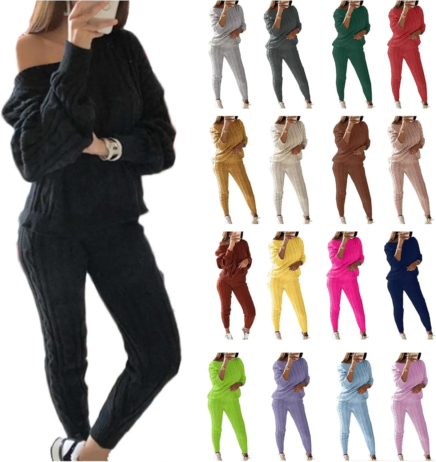 Womens Fall Cable Knit Set Plus Size Crew Neck Pullover Sweater Top & Long Pants 2 Piece Outfits Tracksuit Loungewear