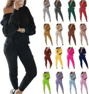 Womens Fall Cable Knit Set Plus Size Crew Neck Pullover Sweater Top & Long Pants 2 Piece Outfits Tracksuit Loungewear