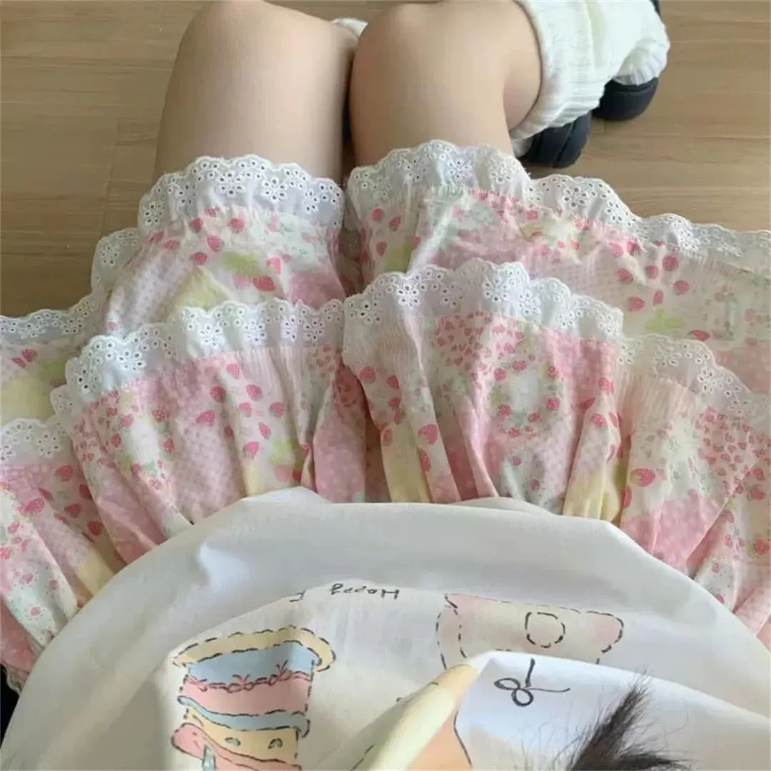 Women's Floral Cake Skirt Harajuku Lace Ruffle Pleated Mini Skirt Japanese Elastic Waist Skirt