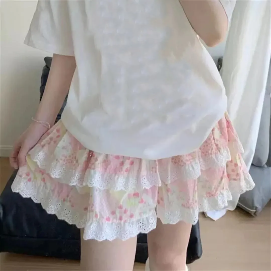 Women's Floral Cake Skirt Harajuku Lace Ruffle Pleated Mini Skirt Japanese Elastic Waist Skirt