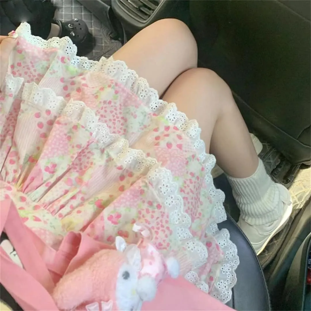 Women's Floral Cake Skirt Harajuku Lace Ruffle Pleated Mini Skirt Japanese Elastic Waist Skirt