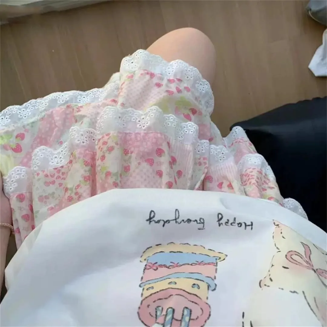 Women's Floral Cake Skirt Harajuku Lace Ruffle Pleated Mini Skirt Japanese Elastic Waist Skirt
