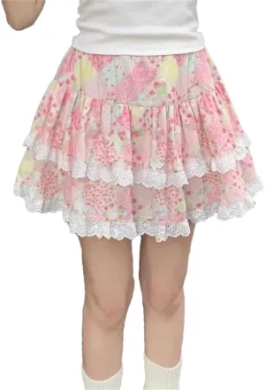 Women's Floral Cake Skirt Harajuku Lace Ruffle Pleated Mini Skirt Japanese Elastic Waist Skirt