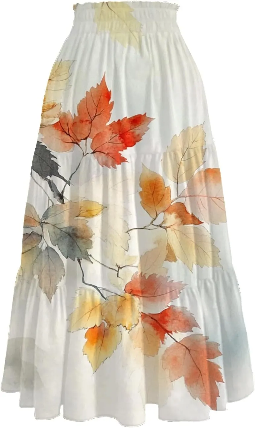 Women's Flowy Midi Skirt 2025 Summer High Waisted Tie Print Smocked Beach Long Skirts with Pockets, S-2XL