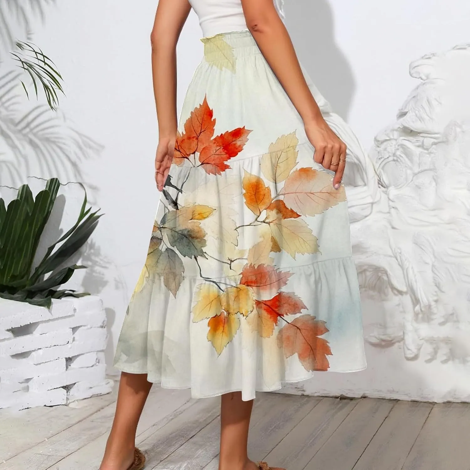 Women's Flowy Midi Skirt 2025 Summer High Waisted Tie Print Smocked Beach Long Skirts with Pockets, S-2XL