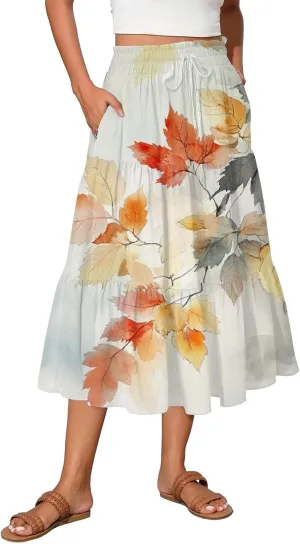 Women's Flowy Midi Skirt 2025 Summer High Waisted Tie Print Smocked Beach Long Skirts with Pockets, S-2XL