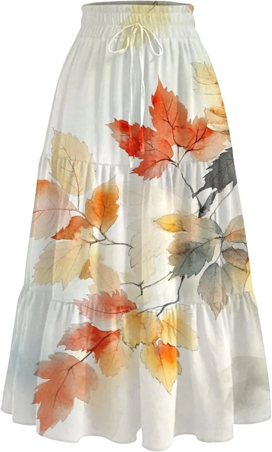 Women's Flowy Midi Skirt 2025 Summer High Waisted Tie Print Smocked Beach Long Skirts with Pockets, S-2XL