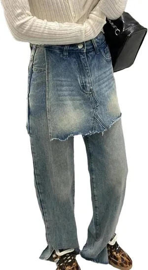 Women's Frayed Baggy Jeans - Vintage Wash & High-Rise Design for Korean Harajuku Style