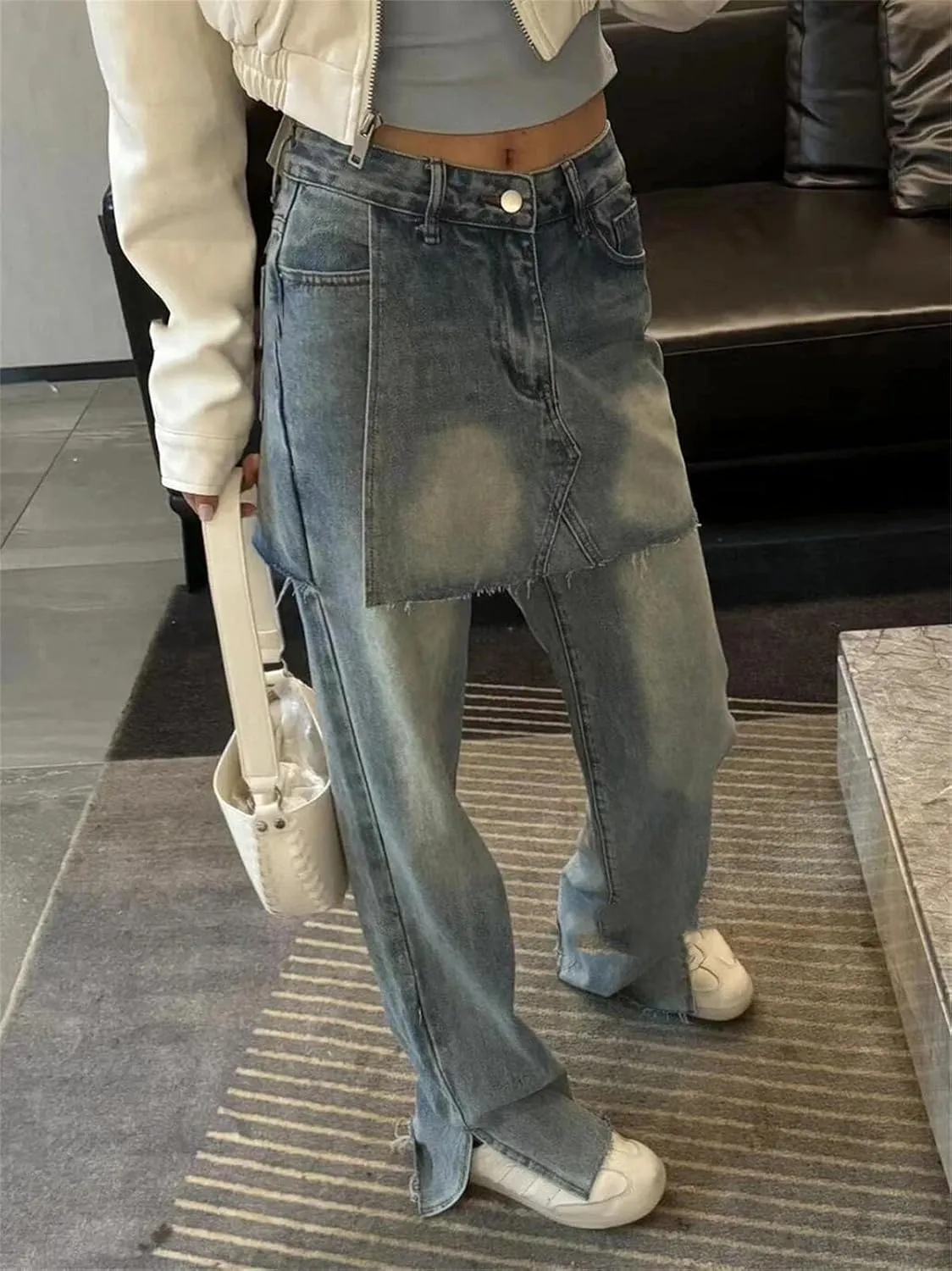Women's Frayed Baggy Jeans - Vintage Wash & High-Rise Design for Korean Harajuku Style