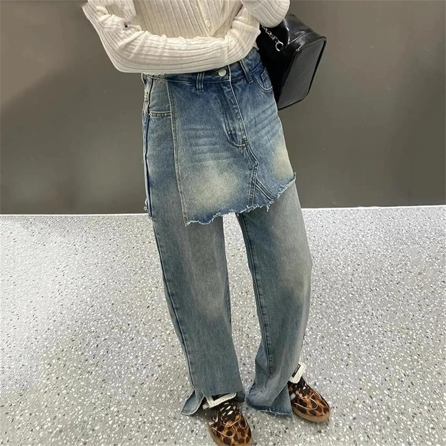 Women's Frayed Baggy Jeans - Vintage Wash & High-Rise Design for Korean Harajuku Style