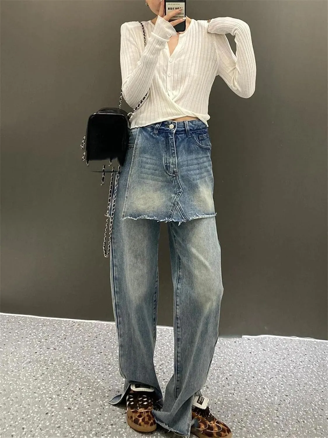 Women's Frayed Baggy Jeans - Vintage Wash & High-Rise Design for Korean Harajuku Style