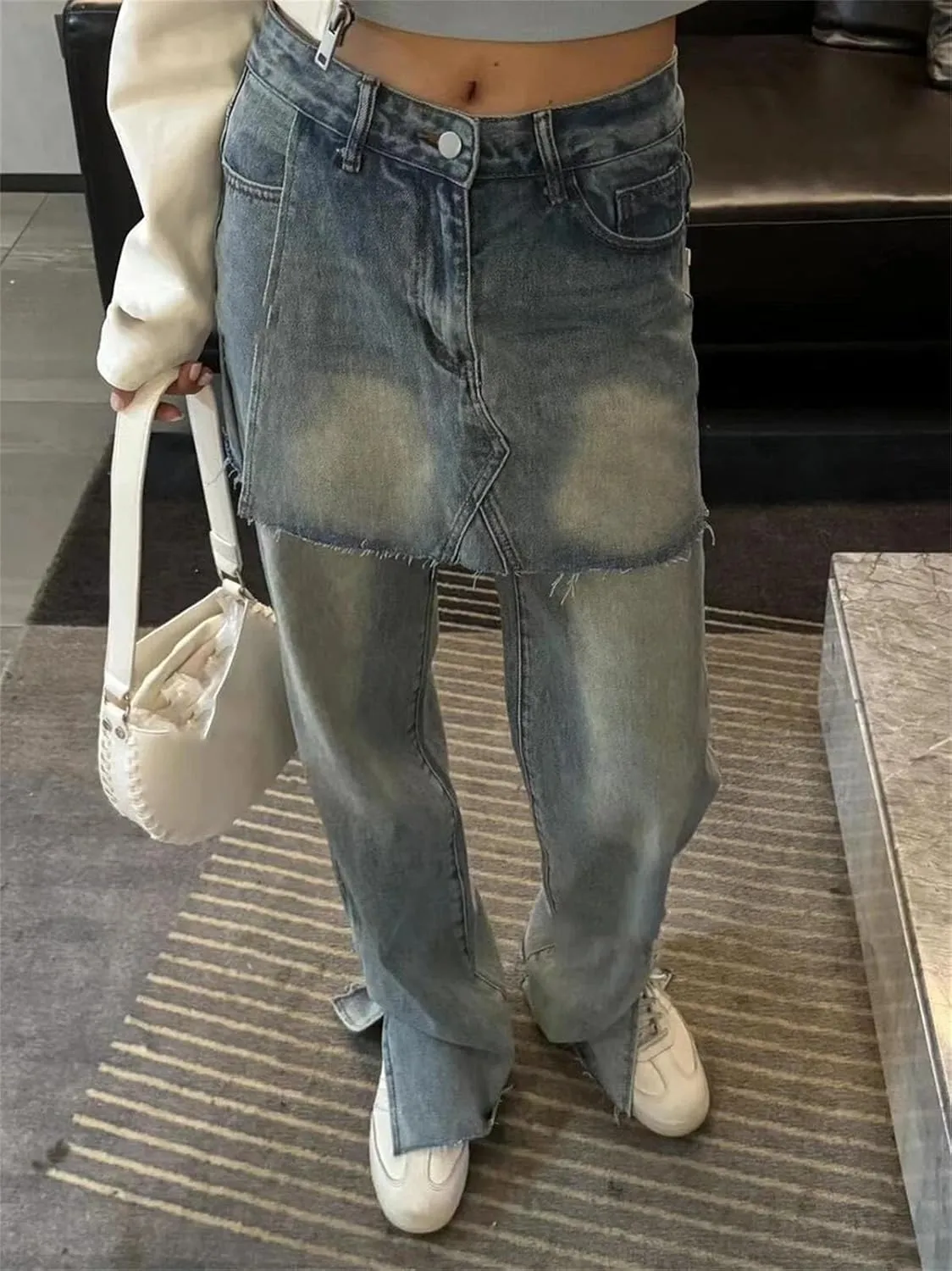 Women's Frayed Baggy Jeans - Vintage Wash & High-Rise Design for Korean Harajuku Style