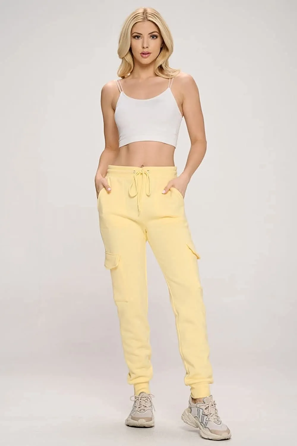 Women's French Terry Cargo Jogger Pants Elastic Drawstring Waistband Sweatpants Lounge Wear