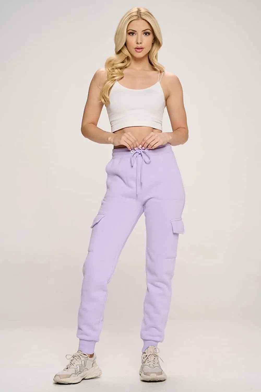 Women's French Terry Cargo Jogger Pants Elastic Drawstring Waistband Sweatpants Lounge Wear