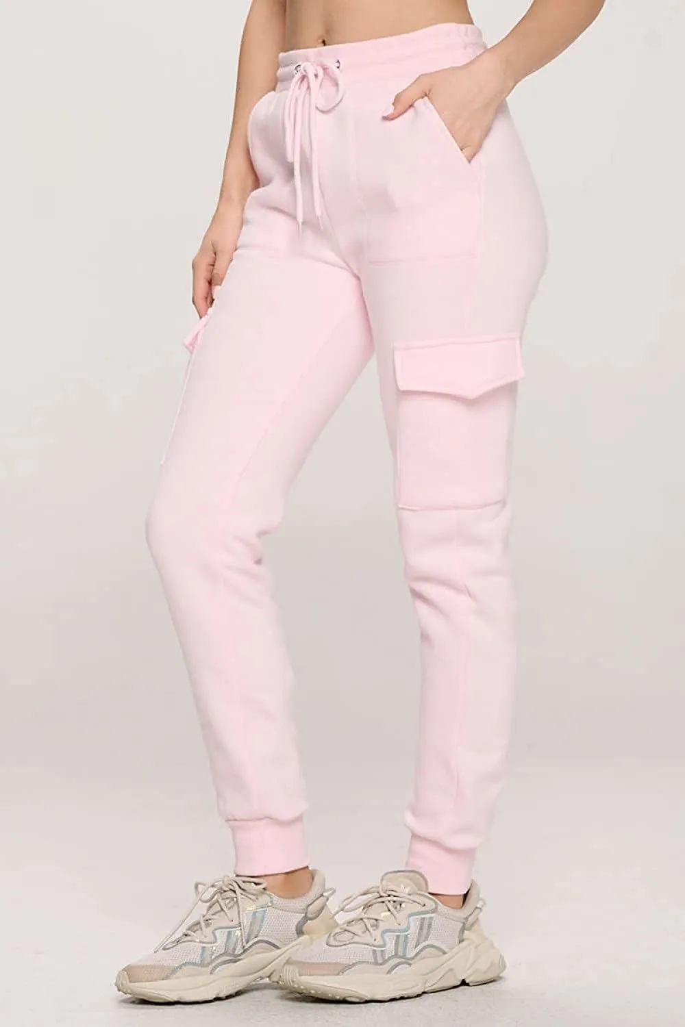 Women's French Terry Cargo Jogger Pants Elastic Drawstring Waistband Sweatpants Lounge Wear