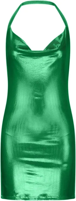 Women's Glitter Slit Bodycon Mini Dress Backless Cowl Neck Sparkly Sequin Halter Dresses Cocktail Party Dress Clubwear