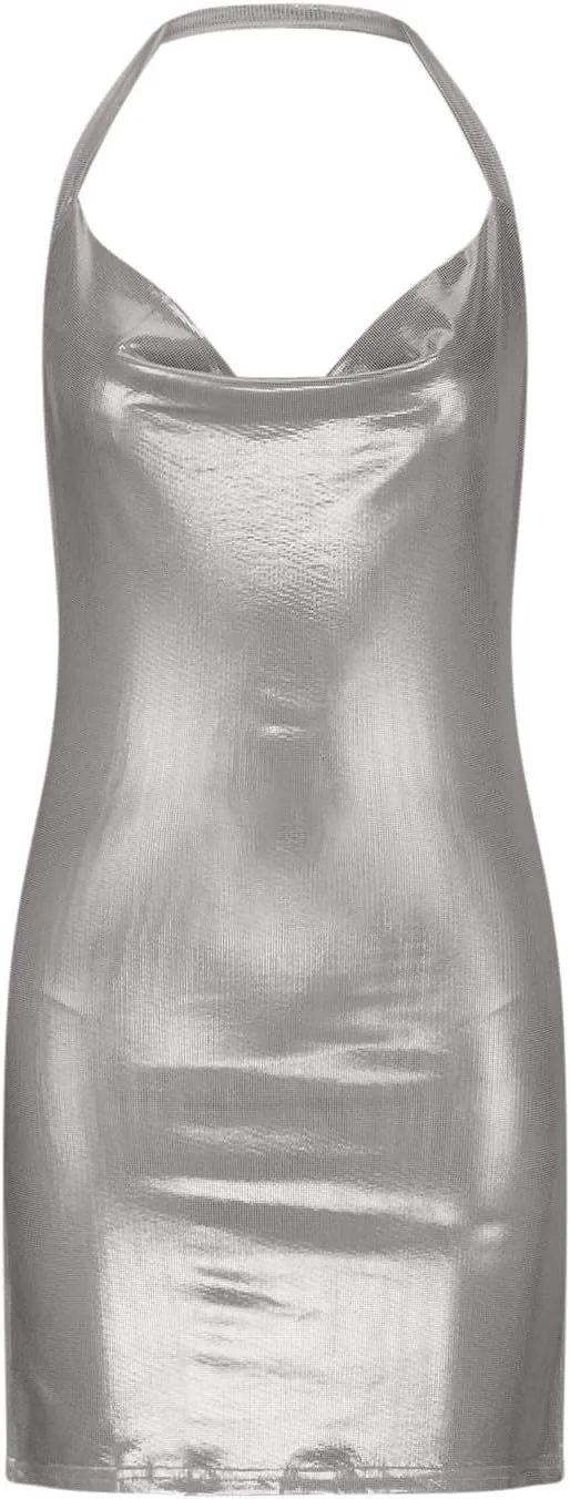 Women's Glitter Slit Bodycon Mini Dress Backless Cowl Neck Sparkly Sequin Halter Dresses Cocktail Party Dress Clubwear