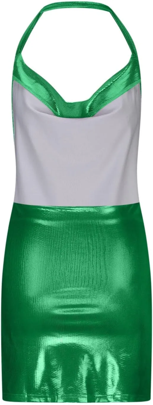 Women's Glitter Slit Bodycon Mini Dress Backless Cowl Neck Sparkly Sequin Halter Dresses Cocktail Party Dress Clubwear