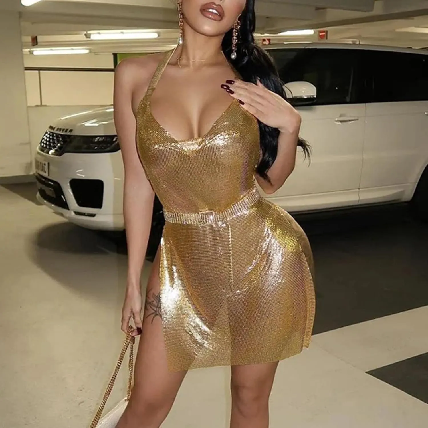 Women's Glitter Slit Bodycon Mini Dress Backless Cowl Neck Sparkly Sequin Halter Dresses Cocktail Party Dress Clubwear