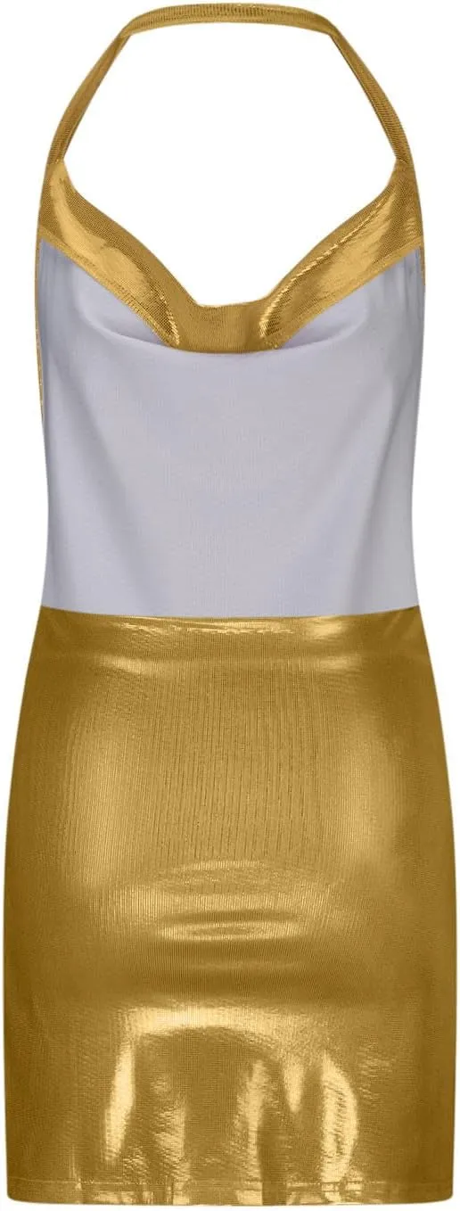 Women's Glitter Slit Bodycon Mini Dress Backless Cowl Neck Sparkly Sequin Halter Dresses Cocktail Party Dress Clubwear