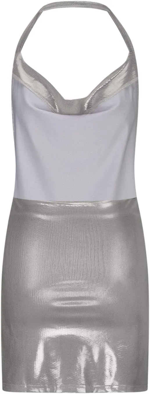 Women's Glitter Slit Bodycon Mini Dress Backless Cowl Neck Sparkly Sequin Halter Dresses Cocktail Party Dress Clubwear