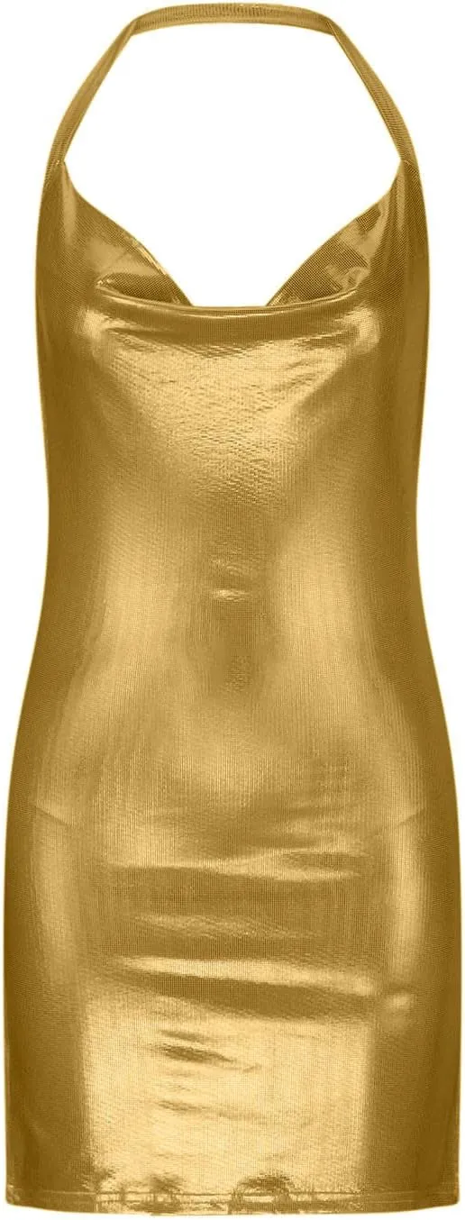 Women's Glitter Slit Bodycon Mini Dress Backless Cowl Neck Sparkly Sequin Halter Dresses Cocktail Party Dress Clubwear