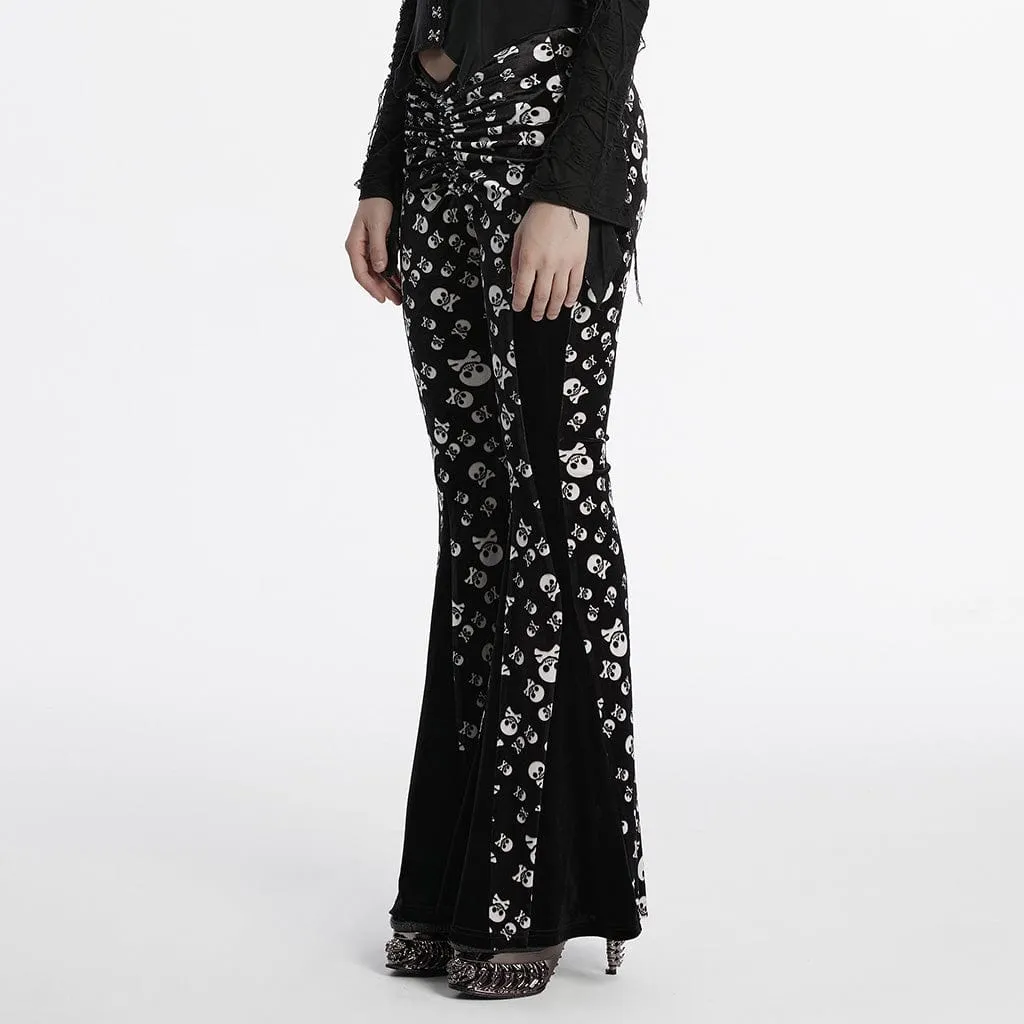 Women's Gothic Drawstring Skull Flocking Mesh Flared Pants