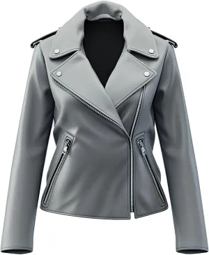 Womens Grey Genuine Sheepskin Stylish Winter Wear Crossover Lapel Collar Smooth Asymmetric Zip-up Biker Moto Leather Jacket