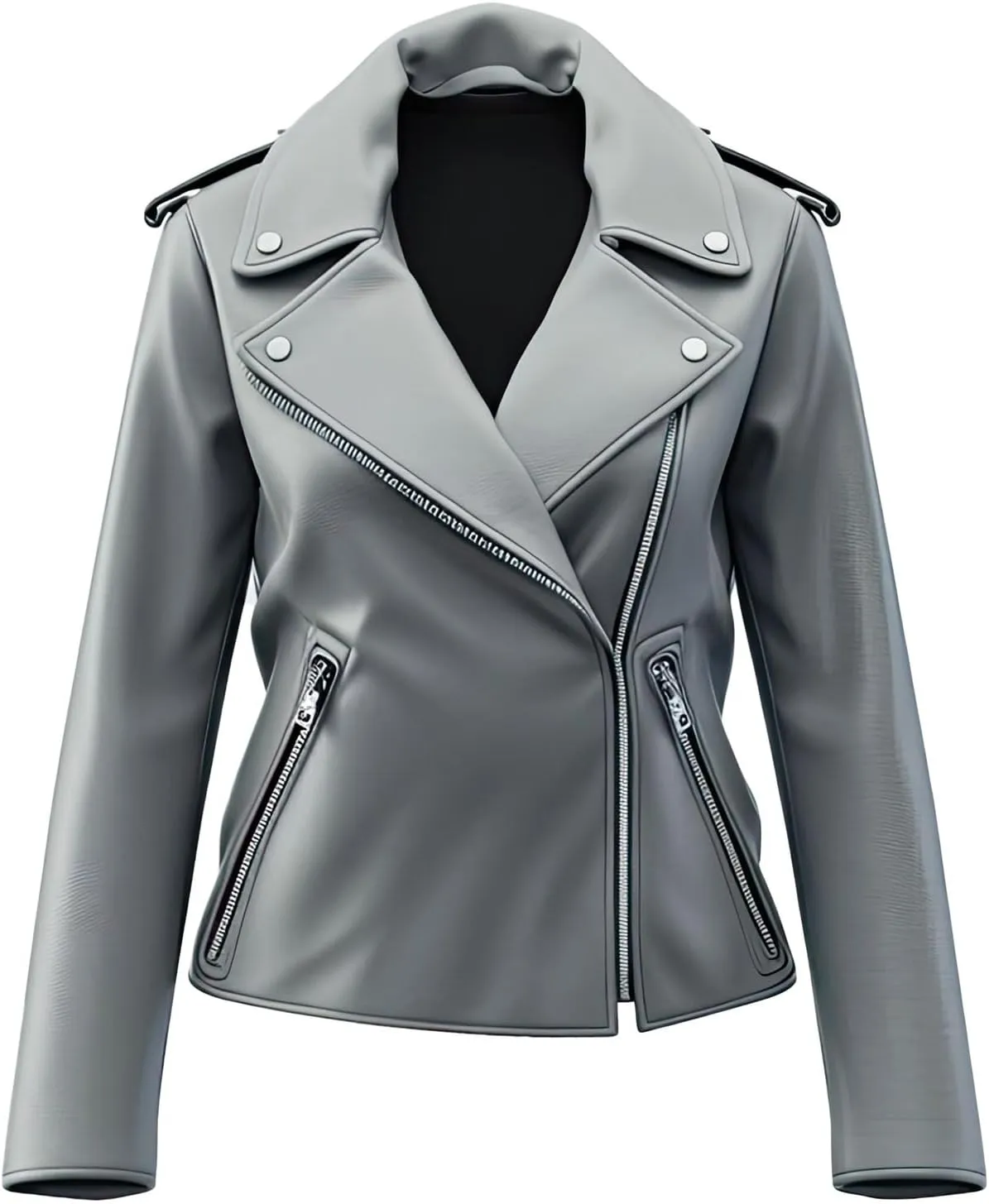 Womens Grey Genuine Sheepskin Stylish Winter Wear Crossover Lapel Collar Smooth Asymmetric Zip-up Biker Moto Leather Jacket