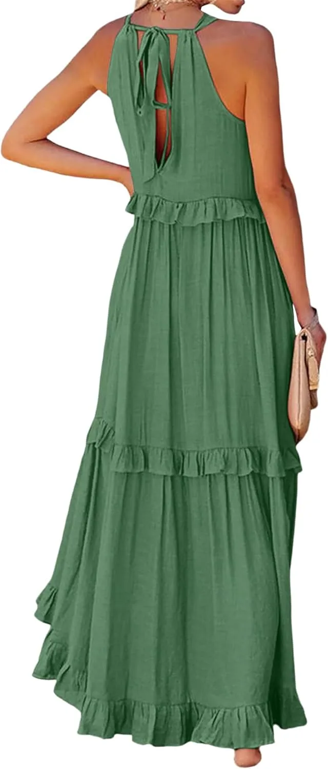 Womens Halter Neck Maxi Dress Tie Back Loose Flowy Ruffle Tiered Long Dress Summer Swing Beach Dresses with Pockets