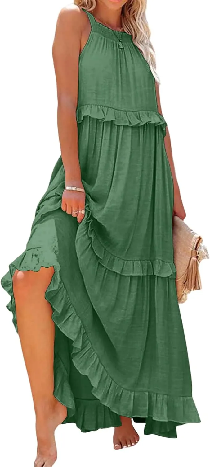 Womens Halter Neck Maxi Dress Tie Back Loose Flowy Ruffle Tiered Long Dress Summer Swing Beach Dresses with Pockets