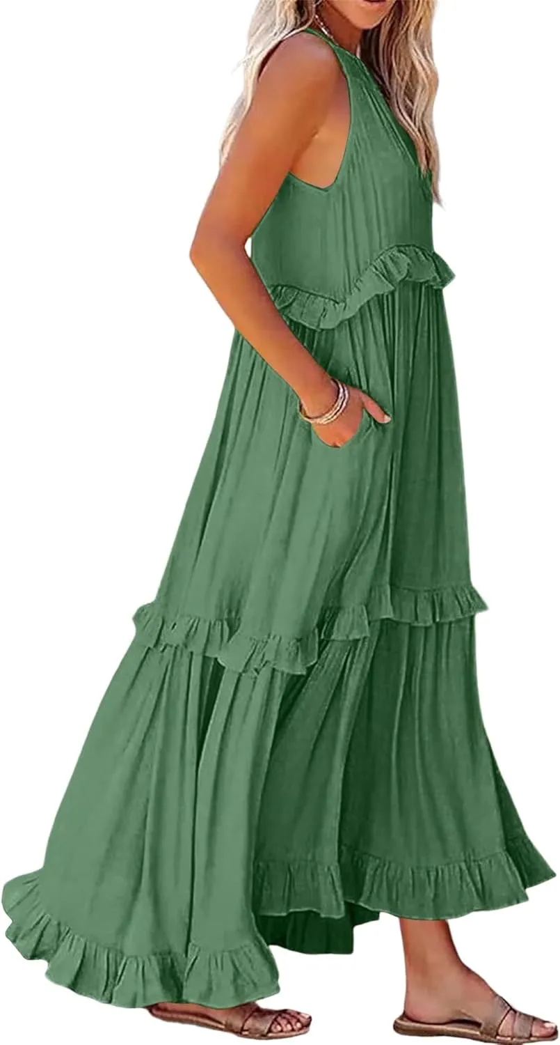 Womens Halter Neck Maxi Dress Tie Back Loose Flowy Ruffle Tiered Long Dress Summer Swing Beach Dresses with Pockets
