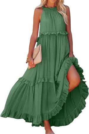 Womens Halter Neck Maxi Dress Tie Back Loose Flowy Ruffle Tiered Long Dress Summer Swing Beach Dresses with Pockets