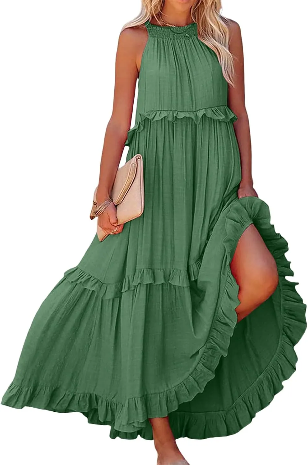 Womens Halter Neck Maxi Dress Tie Back Loose Flowy Ruffle Tiered Long Dress Summer Swing Beach Dresses with Pockets