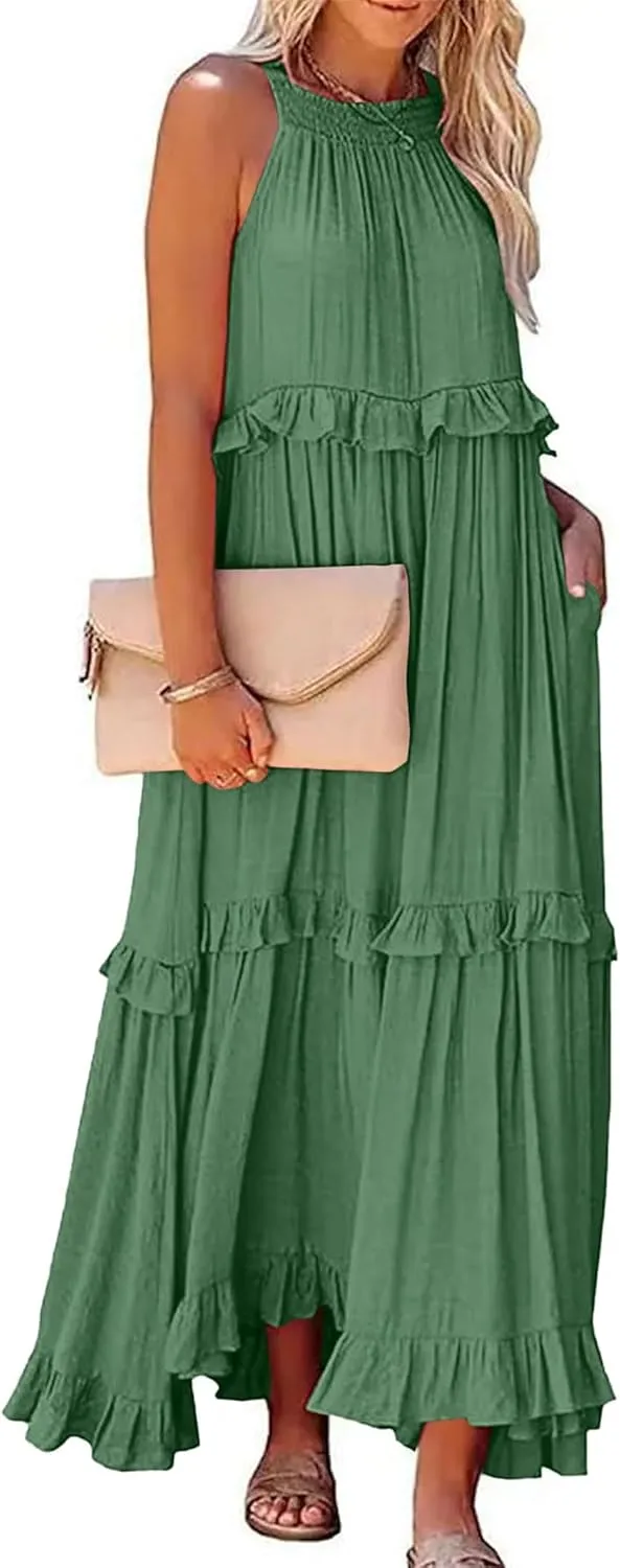 Womens Halter Neck Maxi Dress Tie Back Loose Flowy Ruffle Tiered Long Dress Summer Swing Beach Dresses with Pockets