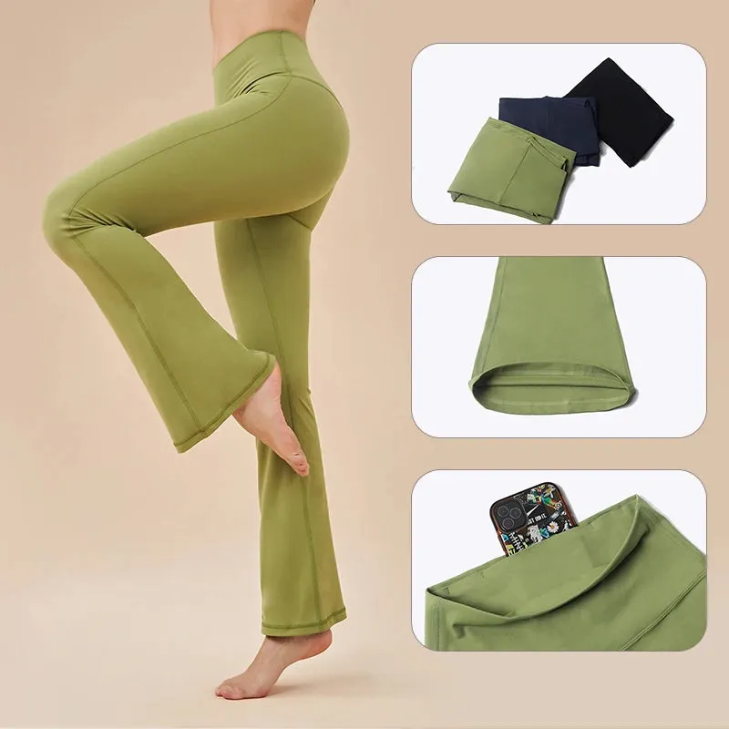 Women's High Waist Flared Leggings - Yoga Pants with Back Waist Pockets, Wide Leg Gym & Streetwear Tights