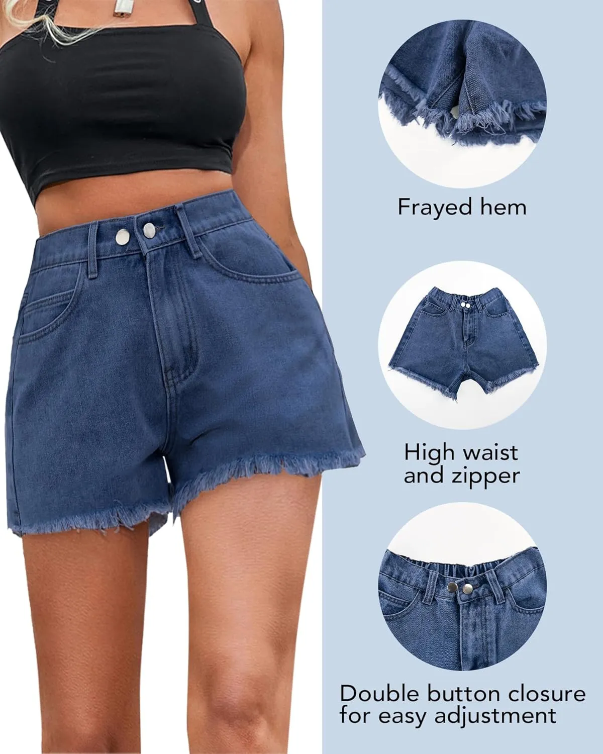 Women's High Waist Jean Shorts Casual Frayed Raw Hem Denim Shorts Elastic Waist with Buttons Summer Juniors Shorts
